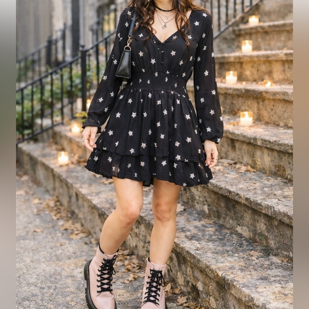 Rails Black Star Print Mini Dress Sheer Long Sleeve Size L